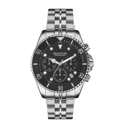 Quantum Chronograph black dial silver stainless steel watch with chronograph subdials