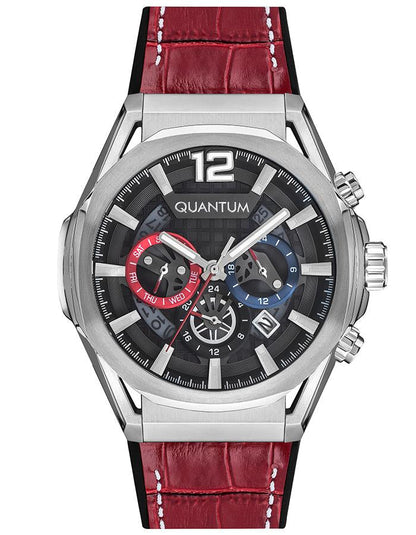 Front view of Quantum MultiFunction watch showing gunmetal dial with red and blue chronograph subdials