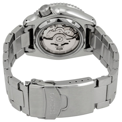 Seiko automatic movement visible through transparent caseback with stainless steel bracelet
