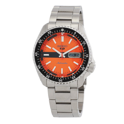 Seiko 5 Sports automatic watch with orange dial, stainless steel case and bracelet, day-date window