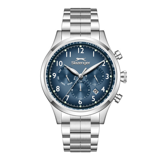 Slazenger Big Daddy chronograph watch with blue dial and silver steel bracelet