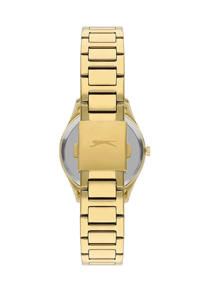 Slazenger Carolina watch back view showing gold stainless steel case and bracelet