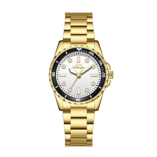 Slazenger Classic Crystals gold watch with silver dial and crystal hour markers
