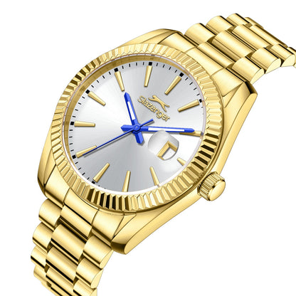 Slazenger Classic Day Date gold watch angled view showing case, bezel, and bracelet