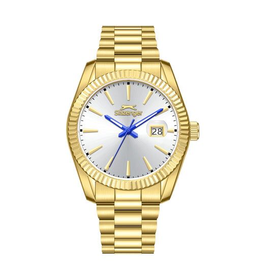 Slazenger Classic Day Date gold watch with silver sunray dial and date window