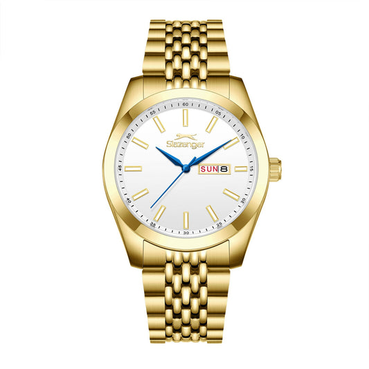 Slazenger Classic gold watch with white dial, day-date window, and gold bracelet