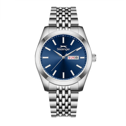 Slazenger Classic watch with blue dial, day-date window, and silver bracelet strap
