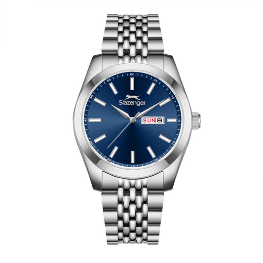 Slazenger Classic watch with blue dial, day-date window, and silver bracelet strap