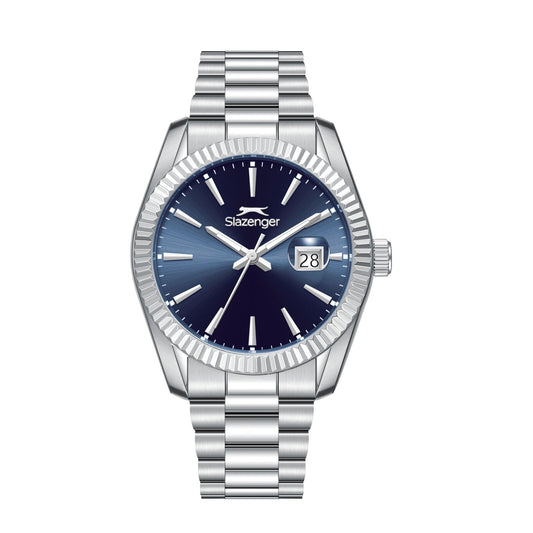 Slazenger Classic Day Date watch with sunray blue dial and silver-tone case