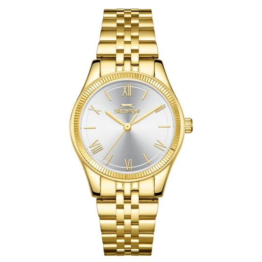 Slazenger Classic Fashion gold watch with silver dial and Roman numerals, front view