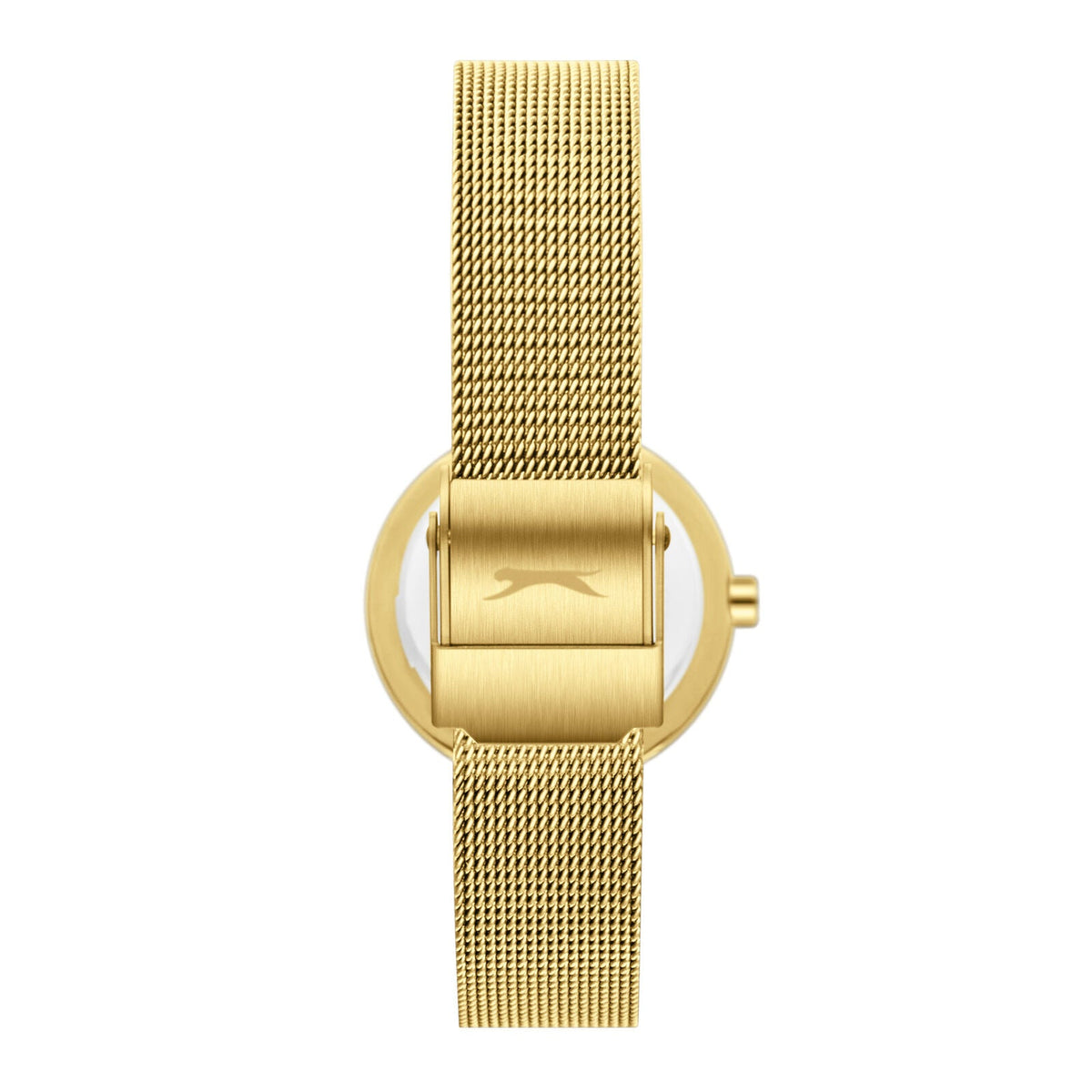 Slazenger Classic watch caseback showing gold case and mesh band attachment