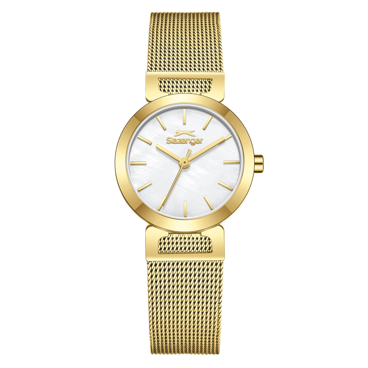 Slazenger Classic gold watch with white dial and mesh strap front view