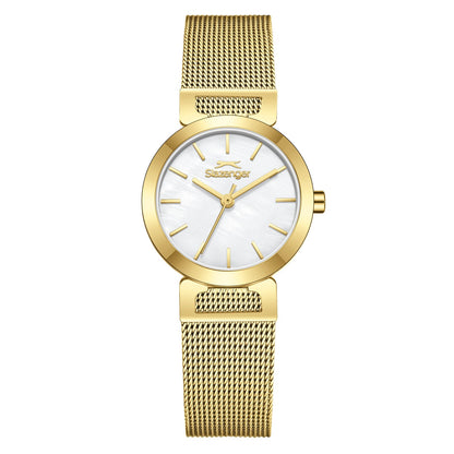 Slazenger Classic gold watch with white dial and mesh strap front view