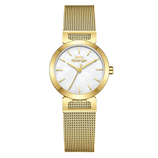 Slazenger Classic gold watch with white dial and mesh strap front view