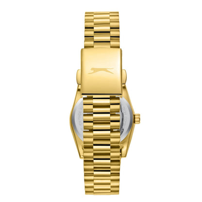 Caseback view of Slazenger Classic gold watch showing case and bracelet