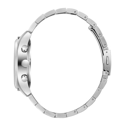 Side view of silver-tone chronograph watch with pushers and polished metal bracelet