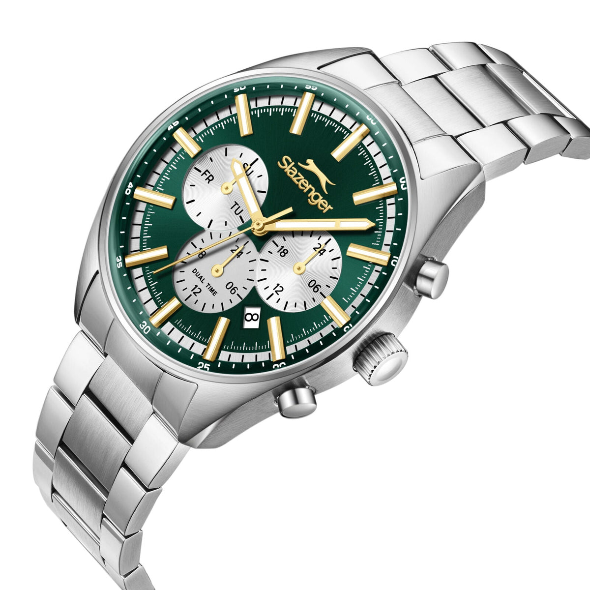 Slazenger Classic Sport watch angled view showing green dial with chronograph subdials and silver bracelet