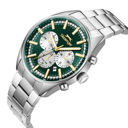 Slazenger Classic Sport watch angled view showing green dial with chronograph subdials and silver bracelet