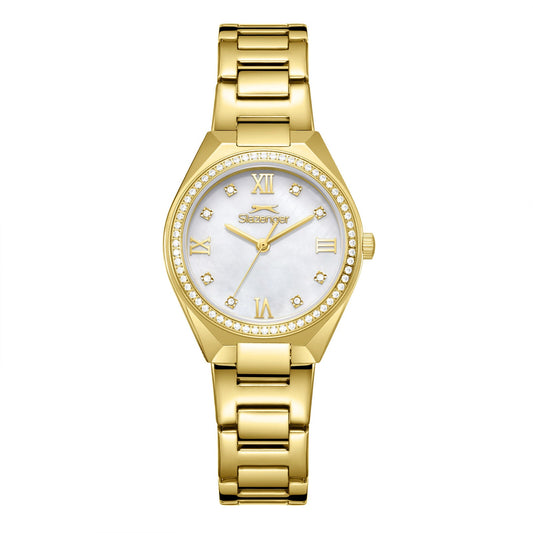 Slazenger Crystals gold watch with white dial, crystal bezel, and gold bracelet