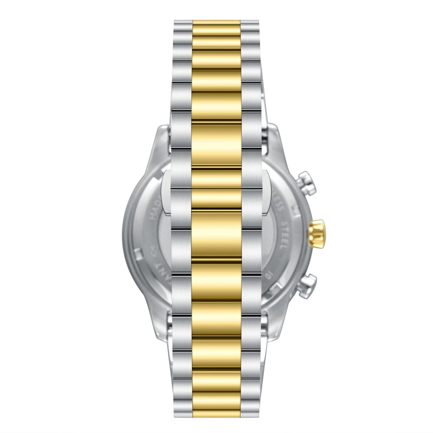 Caseback view of Slazenger dual time watch with two-tone silver and gold stainless steel bracelet