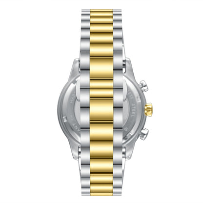 Caseback view of Slazenger dual time watch with two-tone silver and gold stainless steel bracelet