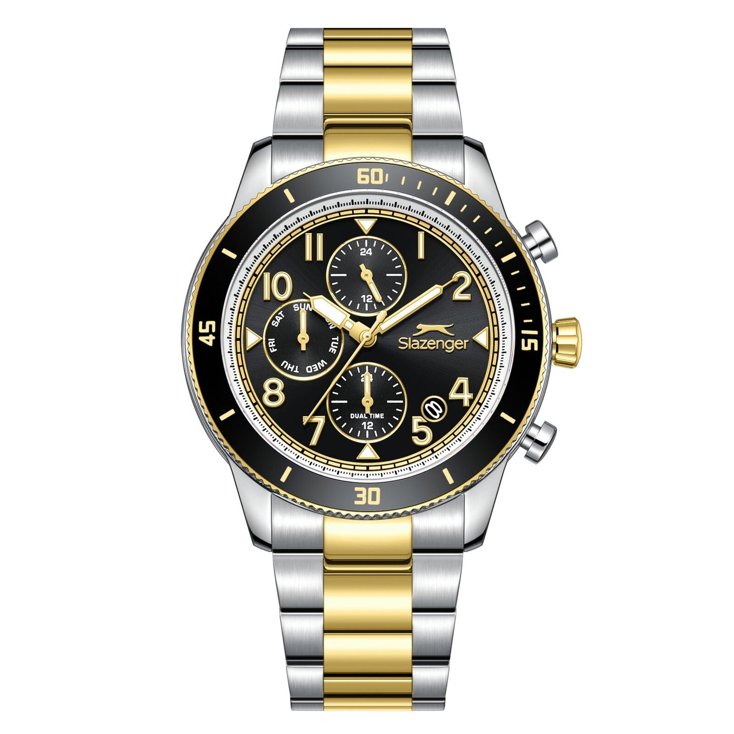 Slazenger dual time multifunction watch with black dial, two-tone silver and gold case and bracelet, multiple subdials