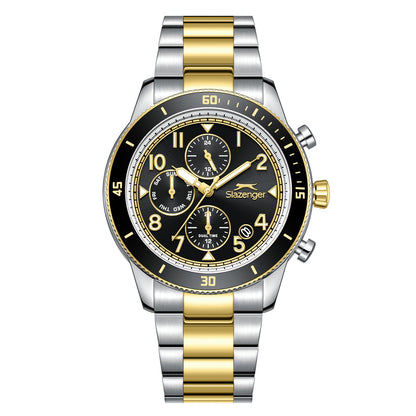 Slazenger dual time multifunction watch with black dial, two-tone silver and gold case and bracelet, multiple subdials