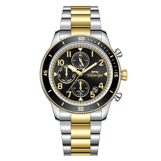 Slazenger dual time multifunction watch with black dial, two-tone silver and gold case and bracelet, multiple subdials