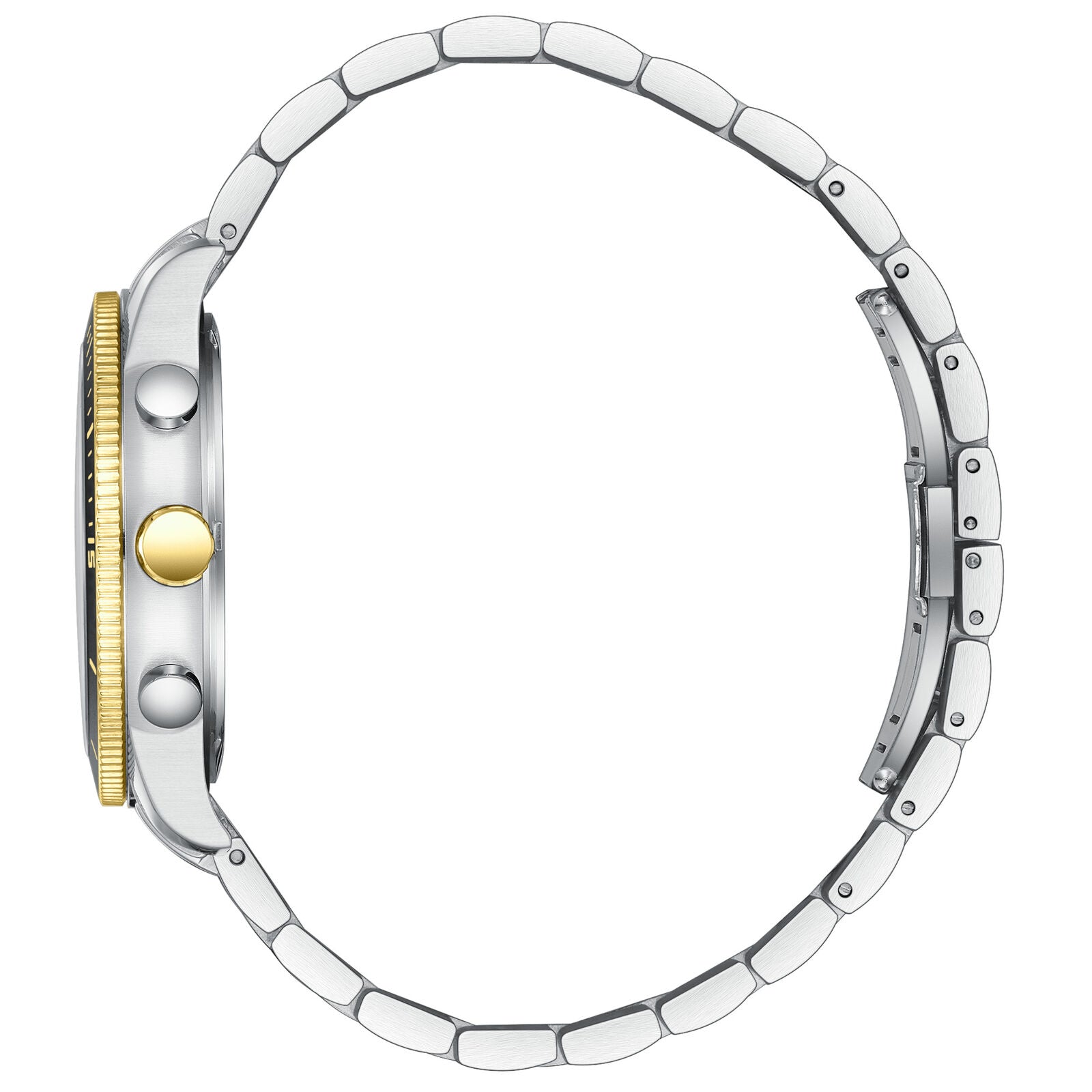 Side profile of Slazenger watch showing two-tone silver and gold bracelet with push-button clasp