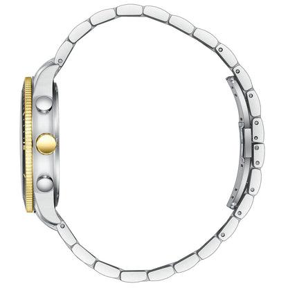 Side profile of Slazenger watch showing two-tone silver and gold bracelet with push-button clasp
