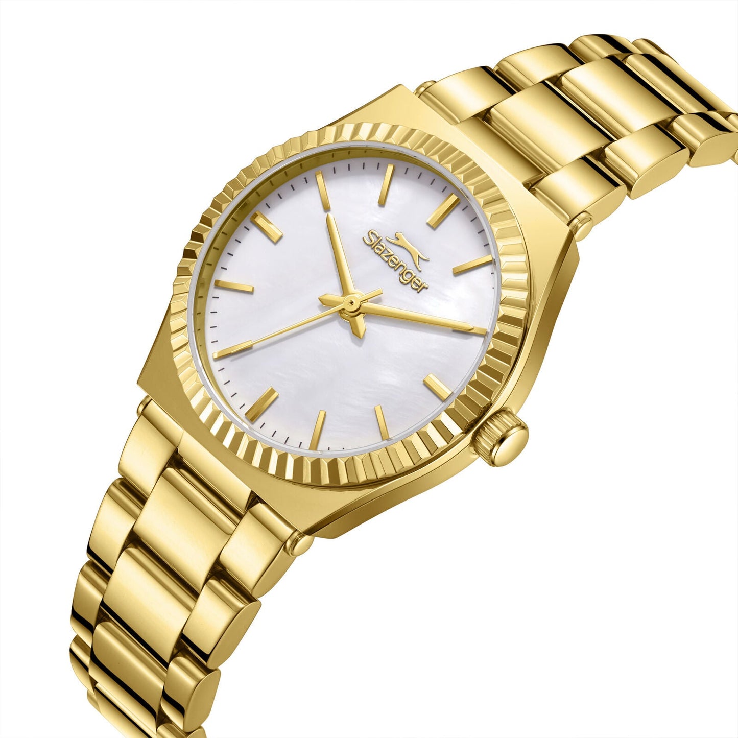 Gold watch with white MOP dial, gold indices, and gold bracelet at angle