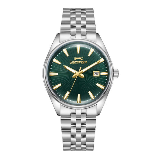 Slazenger Heritage watch with dark green dial, gold markers, date window, and silver bracelet