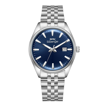 Slazenger Heritage dark blue dial watch with silver case and bracelet, date window visible