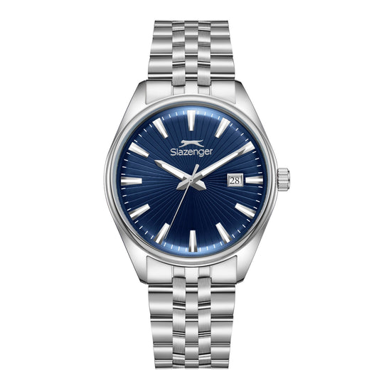 Slazenger Heritage dark blue dial watch with silver case and bracelet, date window visible