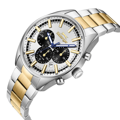 Angled view of Slazenger Heritage chronograph showing two-tone case and mixed metal bracelet