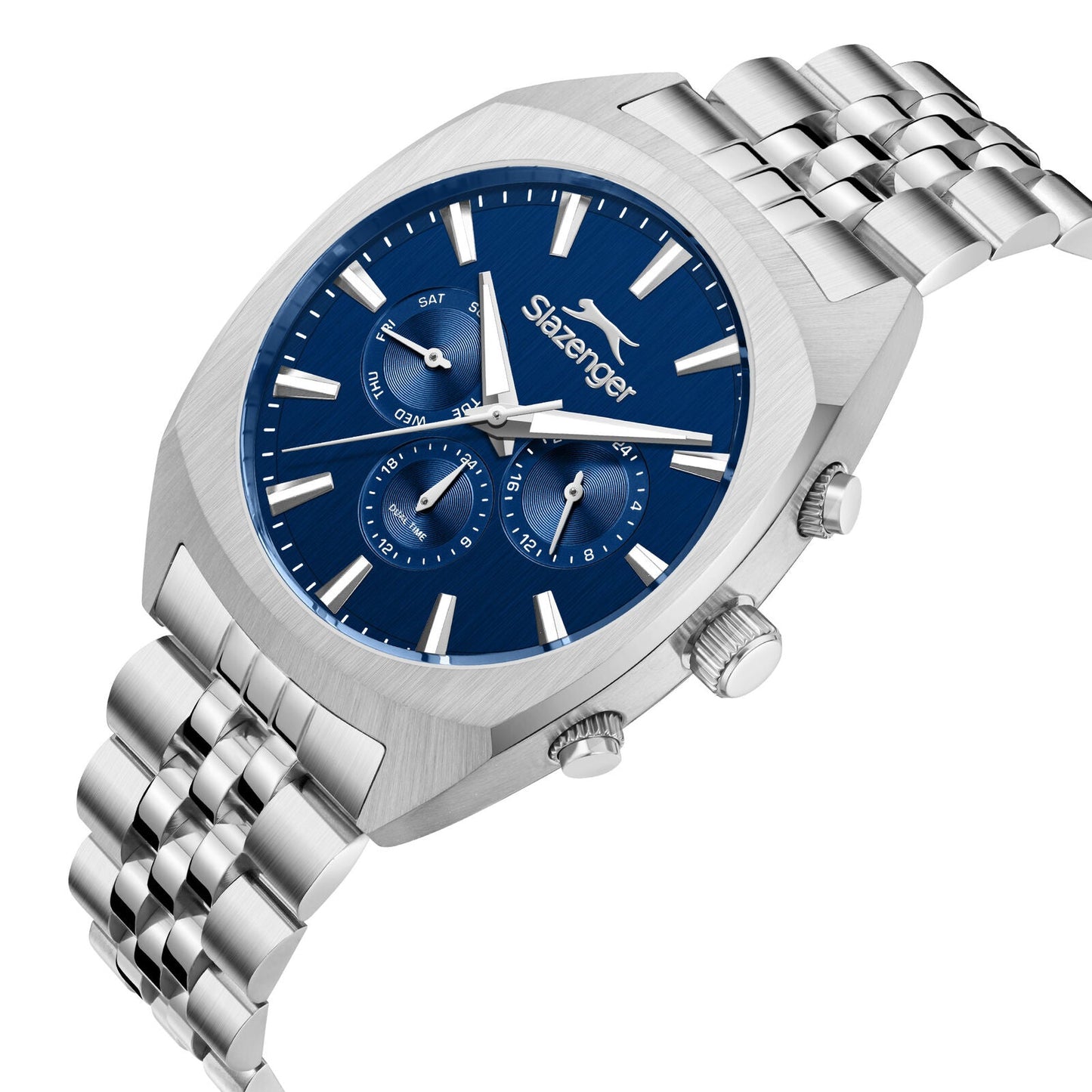 Slazenger Luminous watch angled view showing dark blue dial with chronograph subdials and silver bracelet