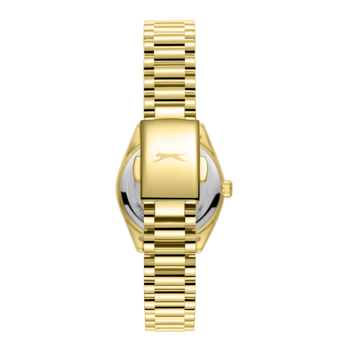 Slazenger watch caseback showing gold-tone case and bracelet