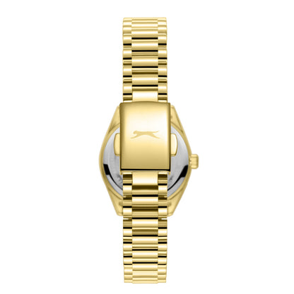 Slazenger watch caseback showing gold-tone case and bracelet