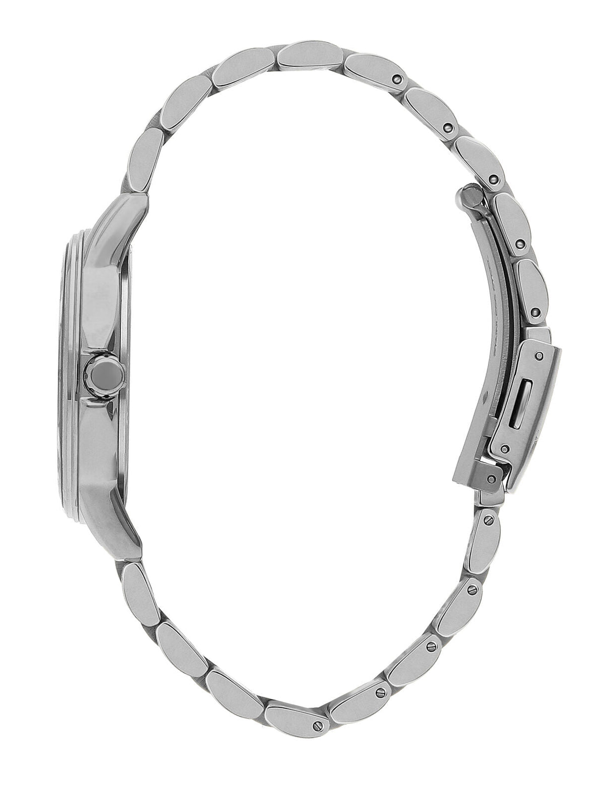 Silver bracelet side view of Slazenger watch showing linked metal band and case profile