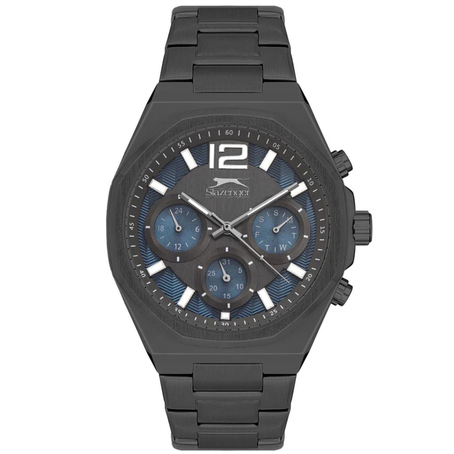 Slazenger grey oversized multifunction chronograph watch with luminous dial and blue subdials