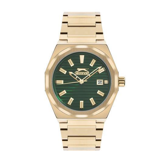 Slazenger octagonal gold watch with green dial, gold bar indices, day-date window, and gold link bracelet