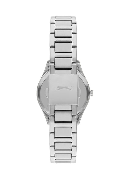 Back view of Slazenger silver watch with stainless steel case and band