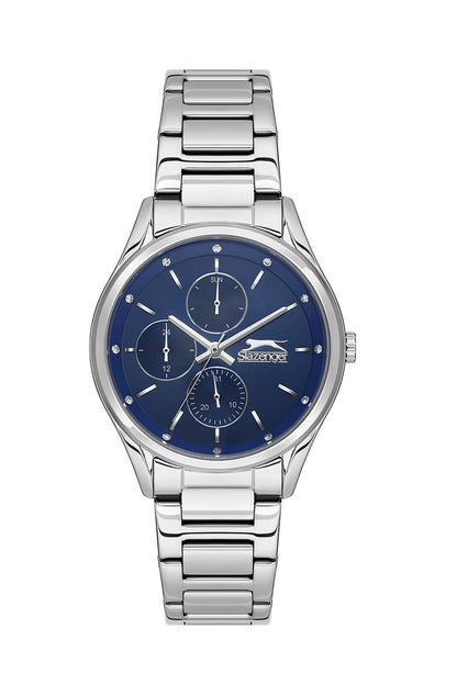Slazenger silver watch with blue multifunction dial and silver stainless steel band