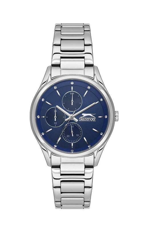 Slazenger silver watch with blue multifunction dial and silver stainless steel band