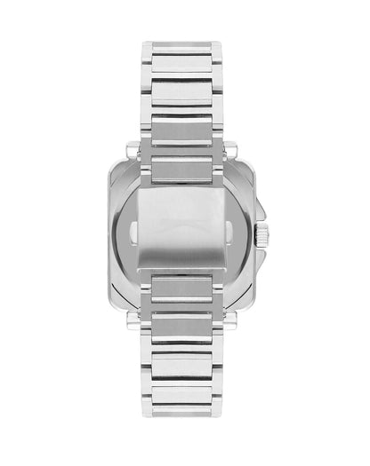 Slazenger square case watch displayed caseback view with silver bracelet