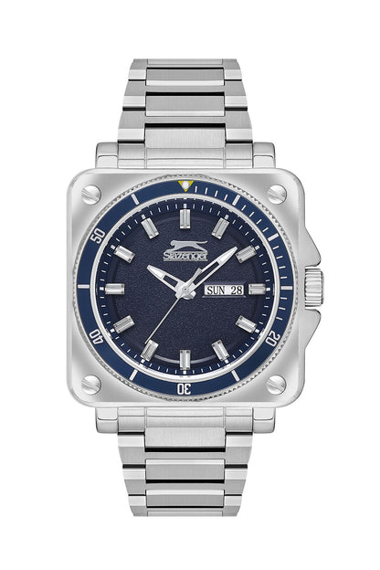 Slazenger square case watch with blue dial, day date window, and silver stainless steel bracelet