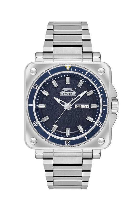 Slazenger square case watch with blue dial, day date window, and silver stainless steel bracelet
