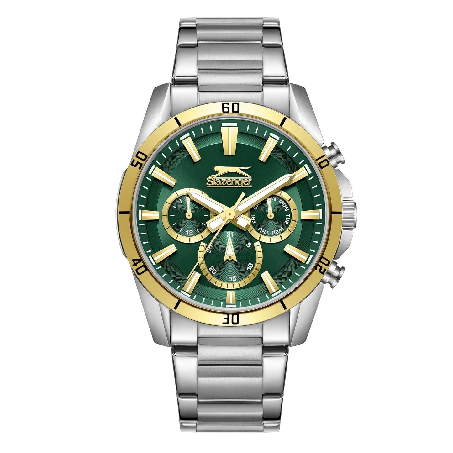 Slazenger two-tone chronograph watch with green dial and gold bezel