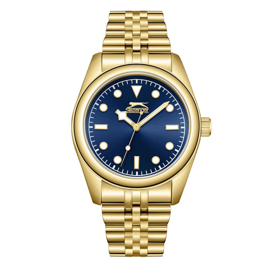 Slazenger gold watch with navy blue dial and three hands, front view