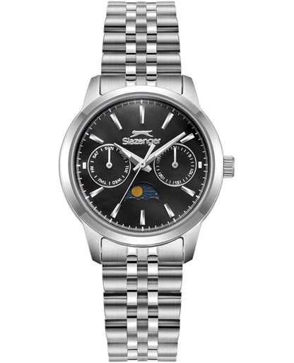 Slazenger three-hand day/night black dial silver watch with silver steel bracelet